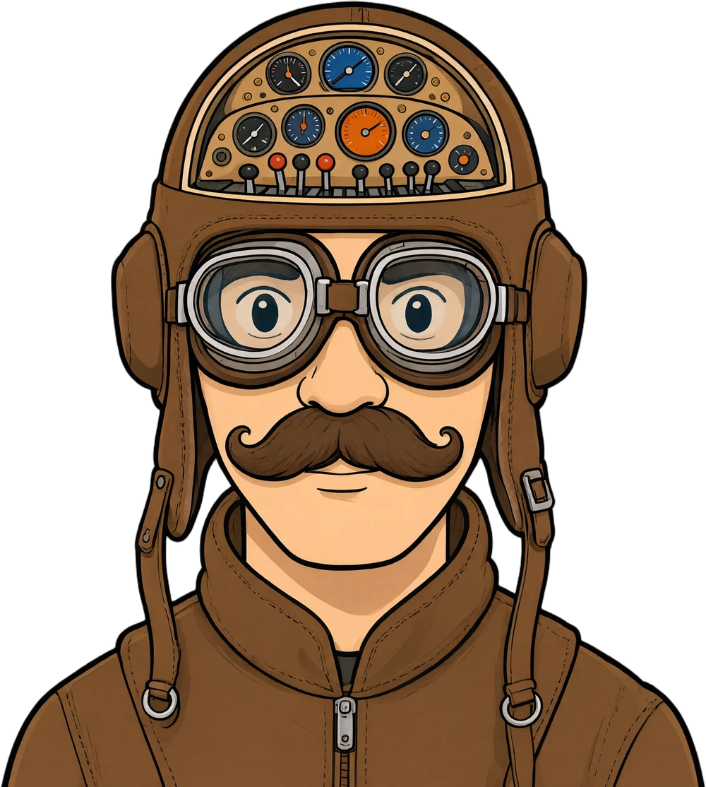 Pilot with a cockpit instrument panel where his brain should be